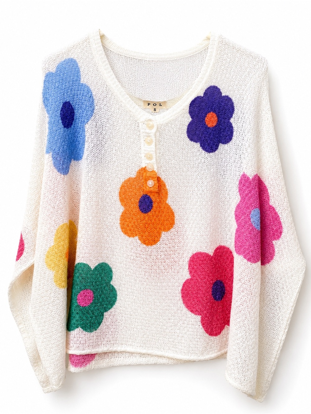 POL Cream Crochet Pullover with Multicolor Flower Appliqués
